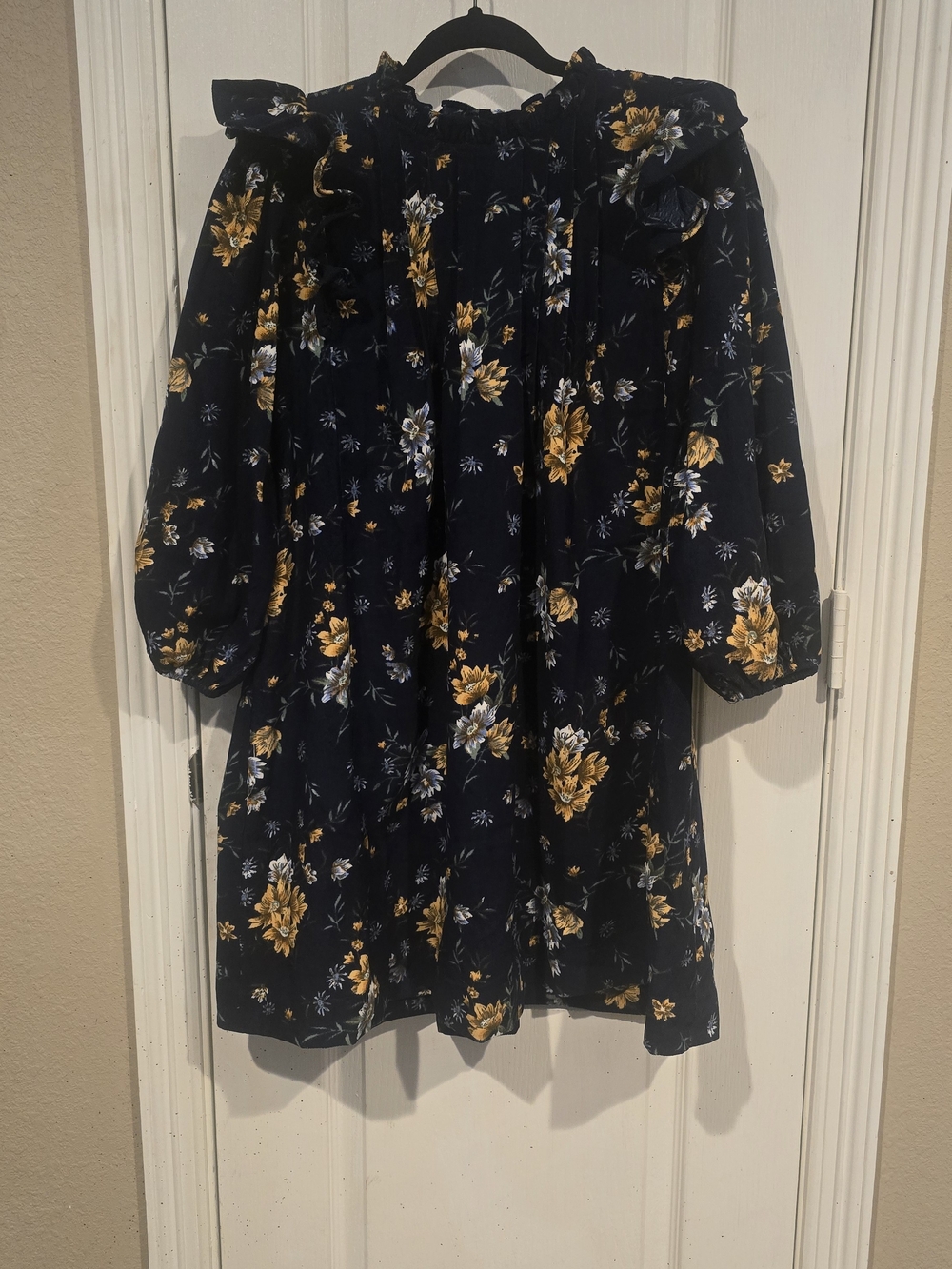 Umgee Navy Floral Ruffle Neck Dress with Yellow Accents
